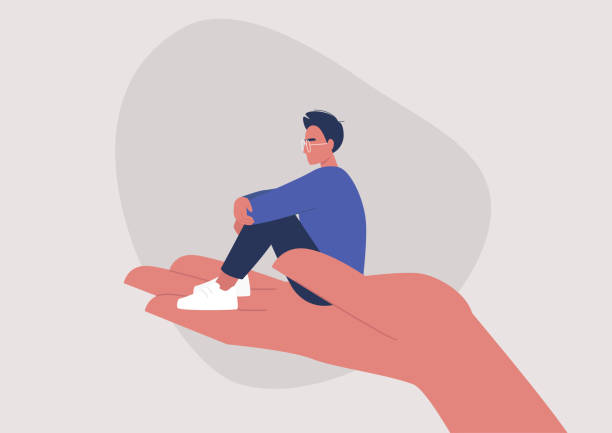A young male character sitting on a hand palm, psychotherapy, help and support, a counseling session A young male character sitting on a hand palm, psychotherapy, help and support, a counseling session crisis illustrations stock illustrations