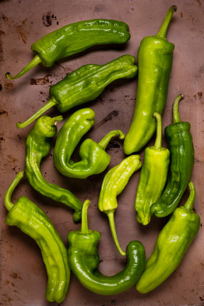 view from top. green peppers and Italian sweets in the shape of an irregular cone, are scattered on a rustic metal background
