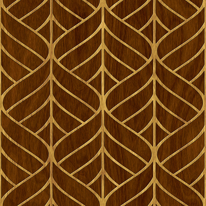 Patrón tallado sobre textura transparente de fondo de madera, panel de marquetería, ilustración 3D photo