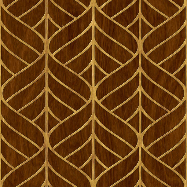 Carved pattern on wood background seamless texture, marquetry panel, 3d illustration 3D render, motif pattern inlay stock pictures, royalty-free photos & images