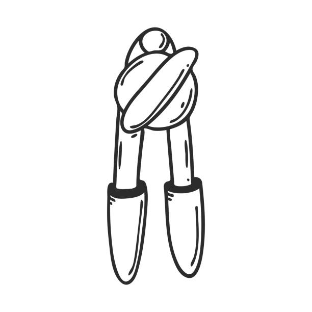 Metal can opener in a doodle style. Kitchen utensils, inventory. Design element for the design of magazines, packaging, menus, recipes. Hand drawn and isolated on white. Black and white vector