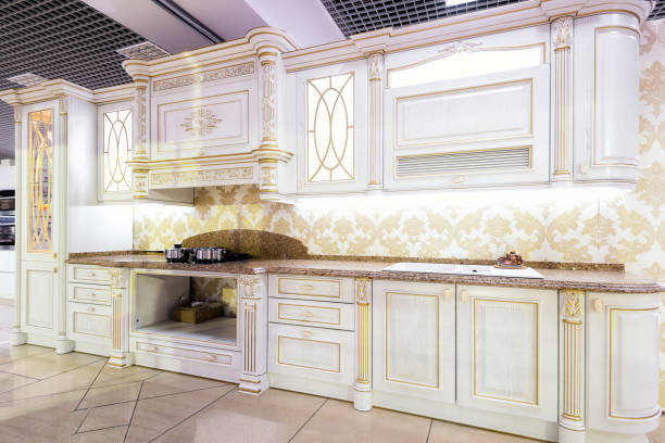 Kitchen with vaulted ceiling. Horizontal shot.