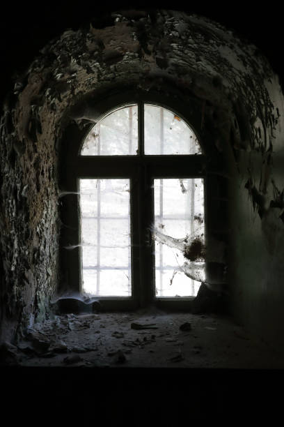 istock Window with spiderweb of abandoned building 1227311830