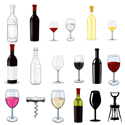 Wine set. Glasses and bottles. Hand drawn sketch and 3d elements. Vector illustration isolated on white background