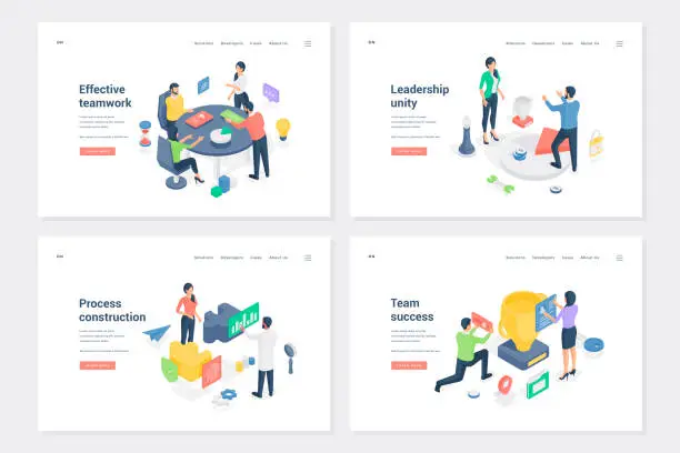 Vector illustration of Workflow optimization stages and result isometric landing page templates set