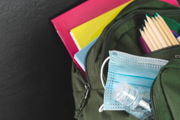 istock Backpack prepared with study supplies and mask for the return to school. Covid-19 concept. 1227315483