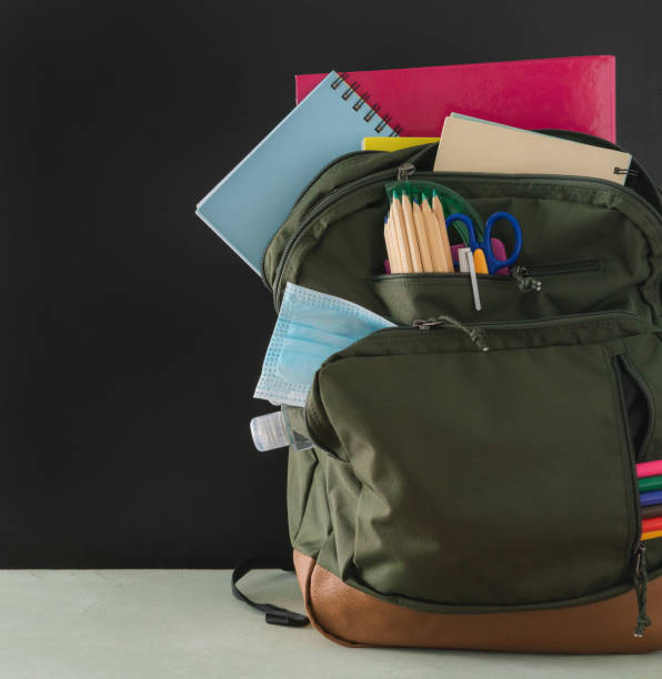 istock Backpack prepared with study supplies and mask for the return to school. Covid-19 concept. 1227315484