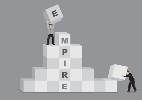 Cartoon businessmen using building blocks to create Empire. Creative vector illustration for business building metaphor.