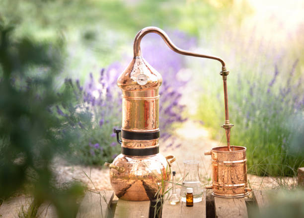 Distilling apparatus alembic with esential oil.
