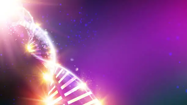 Vector illustration of Scince illustration of a DNA molecule. Violet background with dna genom.