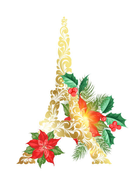 Eiffel tower with poinsettia flower decor. Eiffel tower in winter style with poinsettia flower decor. Vector illustration. eiffel tower winter stock illustrations