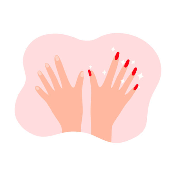 illustrazioni stock, clip art, cartoni animati e icone di tendenza di mani delle donne con vecchia e nuova manicure rossa su colore rosa e sfondo bianco - manicure