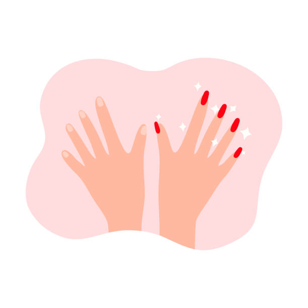 ręce kobiety ze starym i nowym czerwonym manicure na różowym kolorze i białym tle - manicure stock illustrations