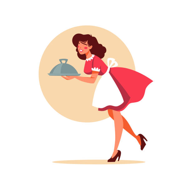 retro waitress holding a plate plate, illustration in cartoon style for your logo, label, emblem