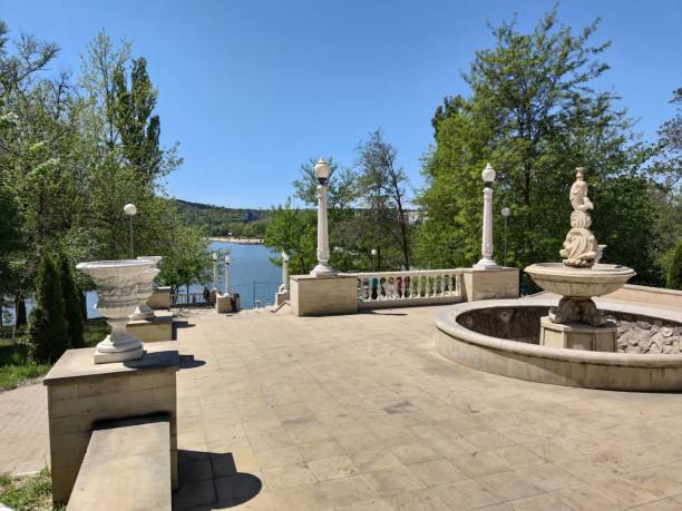 istock The platform is made of white stone. Railing. Blue Lake 1227320978