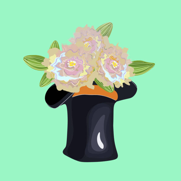 ofenrohr hut als vase für blumen verwendet. - stovepipe hat stock-grafiken, -clipart, -cartoons und -symbole