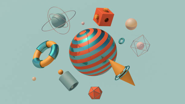 istock Green and orange geometric shapes. Big striped sphere. Abstract illustration, 3d render. 1227323458