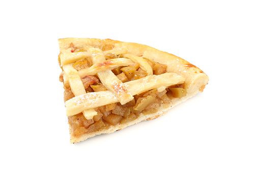 Piece of tasty apple pie isolated on white background. Homemade food