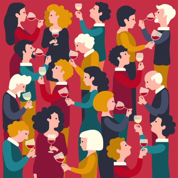 ilustraciones, imágenes clip art, dibujos animados e iconos de stock de un grupo de personas elegantemente vestidas con copas de vino tinto o blanco en un evento de cata de vinos con fondo tinto - ilustración vectorial plana - smartly