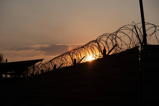 silhouette di recinzione di filo spinato con cielo crepuscolare. filo spinato di area riservata - topics barbed wire fence chainlink fence foto e immagini stock