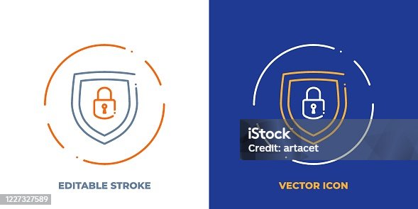 istock Lock on shield line art vector icon with editable stroke. Outline symbol of access protection. Security pictogram made of thin stroke. Isolated on background. 1227327589