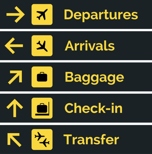 공항 간판 출발 도착 여행 아이콘입니다. 벡터 공항 보드 항공사 표지판, 게이트 비행 정보 - customs official illustrations stock illustrations