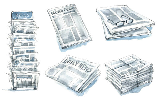 Set of newspapers, press, news stand watercolor illustration Set of newspapers, press stand watercolor illustration newspaper pile stock illustrations