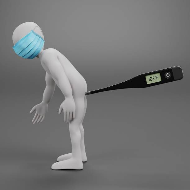 istock 3D Render of Cartoon Character with Face Mask and Thermometer 1227332097