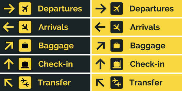 Airport sign departure arrival travel icon. Vector airport board airline sign, gate flight information Airport sign departure arrival travel icon. Vector airport board airline sign, gate flight information. airport stock illustrations