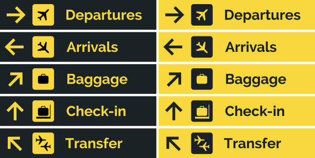 Airport sign departure arrival travel icon. Vector airport board airline sign, gate flight information Airport sign departure arrival travel icon. Vector airport board airline sign, gate flight information. customs airport sign air transport building stock illustrations