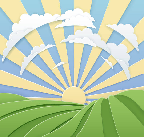 ilustraciones, imágenes clip art, dibujos animados e iconos de stock de field rolling hills sunrise sky paper craft estilo - rolling landscape illustrations