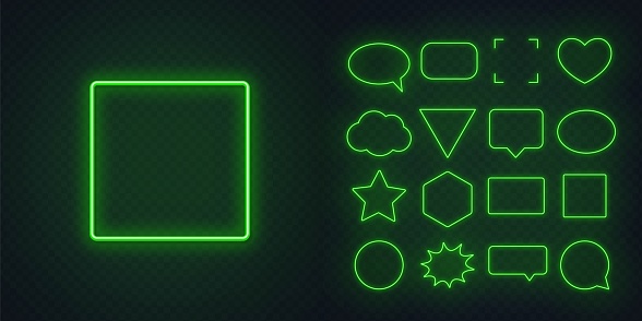 Set of green neon frames with soft glow on a transparent background. Speech bubble, square, circle, star, triangle, heart, hexagon and other glowing neon shapes on a dark background.