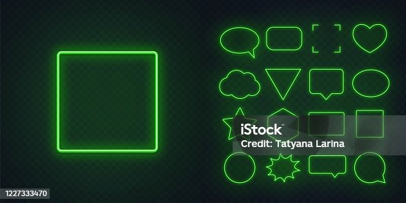 istock Circle, square, speech bubble, star, triangle, heart, hexagon and other glowing green neon frames on a dark transparent background. 1227333470