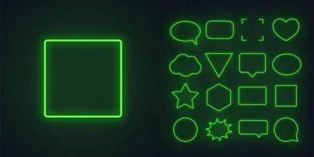 Vector illustration of Circle, square, speech bubble, star, triangle, heart, hexagon and other glowing green neon frames on a dark transparent background.