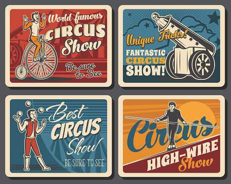 Circus big top chapiteau or shapito, funfair carnival show. Vector retro poster of big top circus performance with man bullet in cannon, unicycle ride, high-wire walking equilibrist and juggler