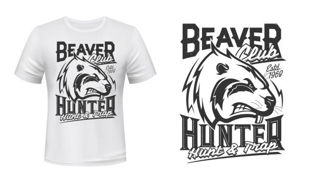 Beaver print t-shirt mockup, hunting club Beaver print t-shirt mockup, hunting club design. Wild beaver animal, angry head sign, hunters sport club label for t shirt print, hunt and trap quote bucktooth stock illustrations