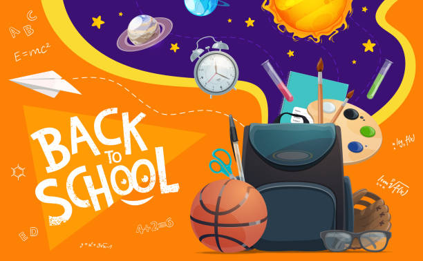 Back to school schoolbag, education supplies Schoolbag with student supplies, vector. Back to school and education. Student book, notebook and pen, paint, brush and scissors, chemical flasks, abc and maths formulas, glasses and planets back to school stock illustrations