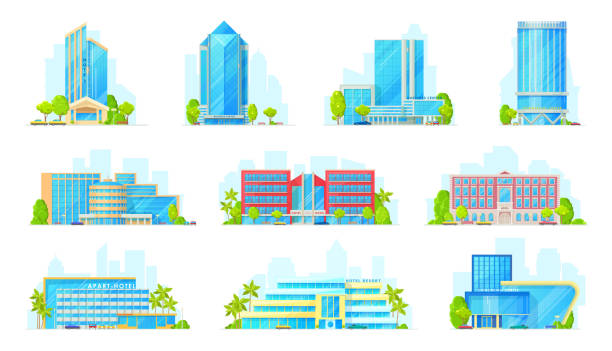 ilustraciones, imágenes clip art, dibujos animados e iconos de stock de iconos de hoteles y edificios de centros de negocios - symbol finance corporate business manhattan