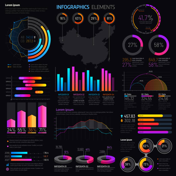 Infographics elements with graphs and charts Infographics elements with vector graphs and charts. Business presentation info graphic templates with bar graphs, statistic data step and pie charts, timeline, process and option diagrams time series graph stock illustrations