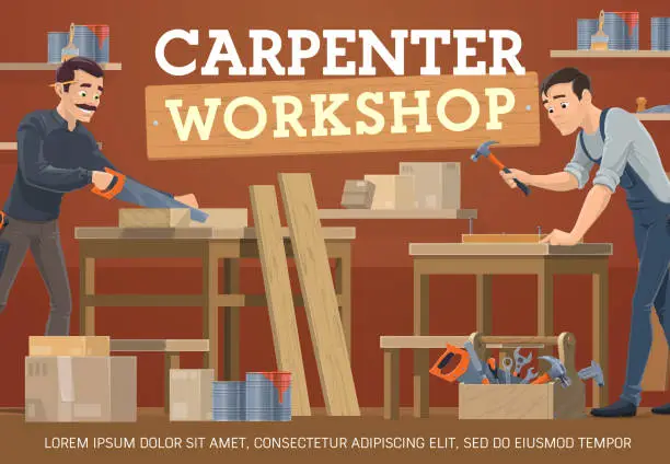 Vector illustration of Carpenter, joiner workers. Carpentry woodworking