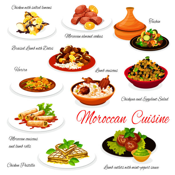 illustrations, cliparts, dessins animés et icônes de plats de cuisine authentiques traditionnels de la cuisine marocaine - patisseries marocaines