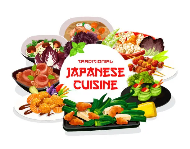 Vector illustration of Japanese cuisine round vector frame