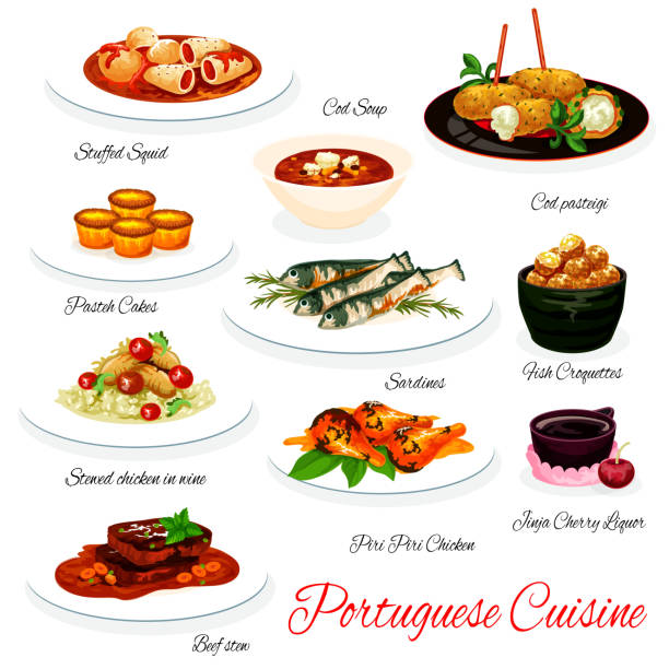 ilustrações, clipart, desenhos animados e ícones de refeições da culinária portuguesa, menu vetorial - jinja