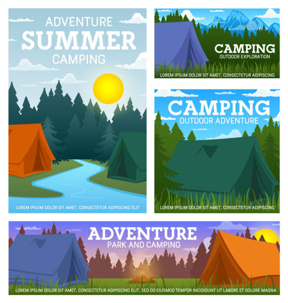 ilustraciones, imágenes clip art, dibujos animados e iconos de stock de campamento de campamento de viaje y tiendas de campaña - outdoors tent tourism animals in the wild