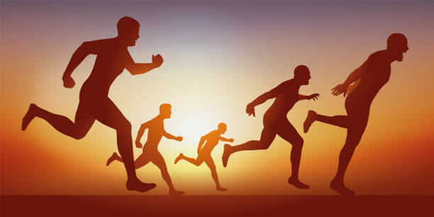 illustrations, cliparts, dessins animés et icônes de compétition d’athlétisme avec des coureurs à pied qui passent la ligne d’arrivée. - jeux olympiques