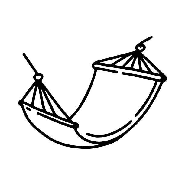 벡터 손으로 그린 낙서 개요 일러스트 스윙 침대 해먹 흰색 배경에 고립 된. - hammock beach vacations tropical climate stock illustrations