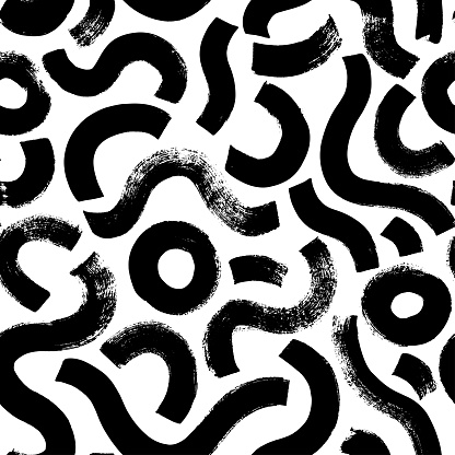 Black paint brush strokes vector seamless pattern. Hand drawn curved and wavy lines with grunge circles. Chaotic ink brush scribbles decorative texture. Messy doodles, bold curvy lines illustration.