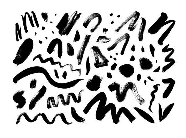 ilustrações de stock, clip art, desenhos animados e ícones de vector grungy paint brush strokes collection. calligraphy smears, stamps, lines, splodge and dots. curved and zig zag black brushstrokes. - spiral circle paint splashing