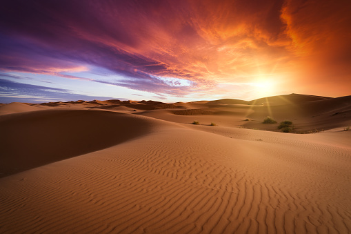 Orange dunes and dramatic sky over it in Sahara desert. Sunset in the desert.