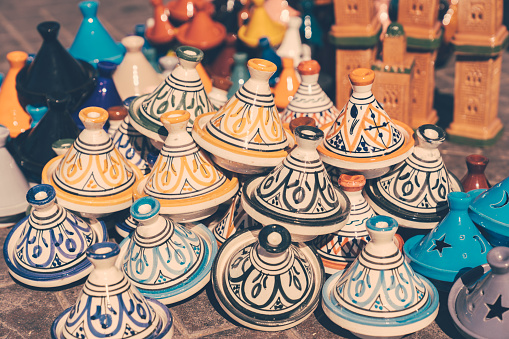 Lots of Colourful Moroccan souvenir tagines. Shot taken on Jemaa el-Fnaa square, Marrakech.